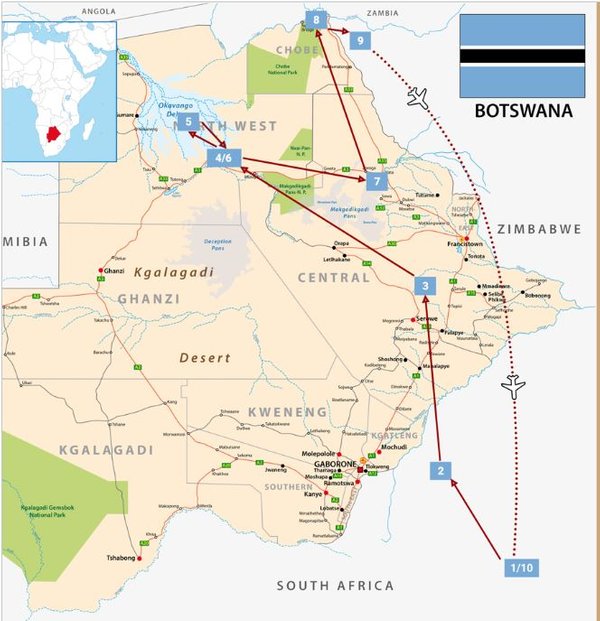 Karta över rundresan i Botswana